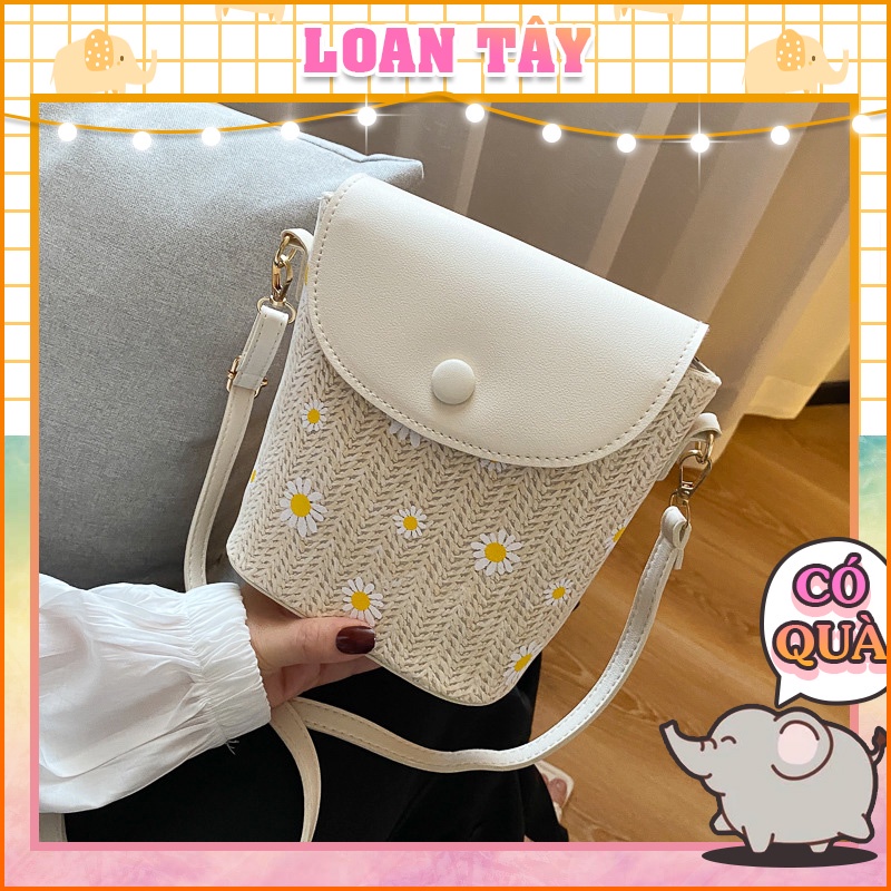 Túi Xách Cói Đeo Chéo Hoa Cúc Phối Nắp Da Mới Phong Cách Hàn Quốc