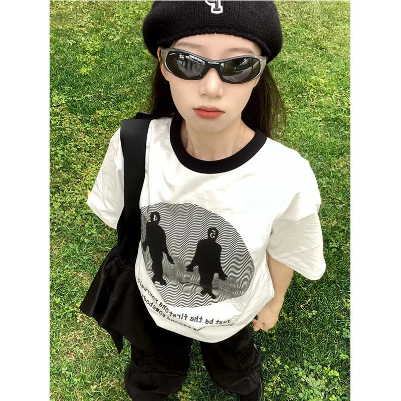 ♕✿Áo Thun 100% Cotton Nguyên Chất Tay Ngắn Cổ Tròn Màu Sắc Tương Phản Phong Cách Retro Mỹ Cho Nữ