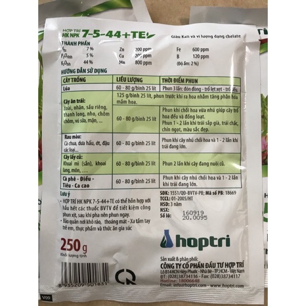 Phân bón lá NPK 7-5-44+TE hợp trí goi 250