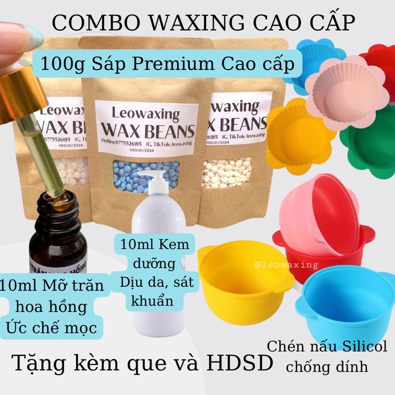 COMBO WAXING CƠ BẢN 100g Sáp + Chén + 10ml Kem dưỡng + 10ml Mỡ trăn hoa hồng