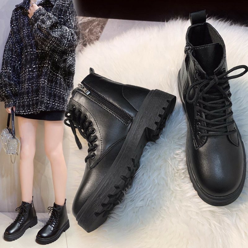 Giày boots nữ cổ thấp Ulzzang buộc dây có kéo khóa đế 5 phân siêu hot 2021