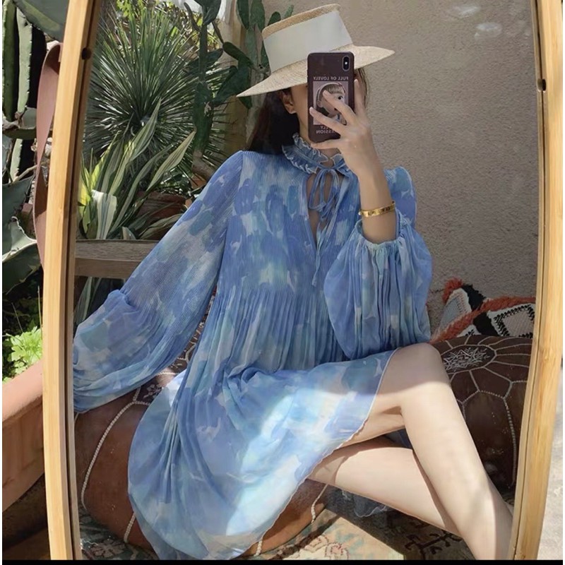 ( ORDER) Váy voan xếp ly đèn lồng xanh dương màu hoa loang xòe babydoll điệu đà tiểu thư sang chảnh