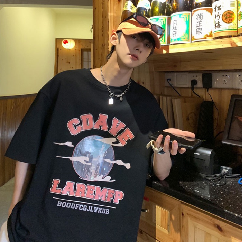 Áo thun tay ngắn cổ tròn dáng rộng in chữ phong cách đường phố Hàn Quốc cho nam size lớn S-8XL