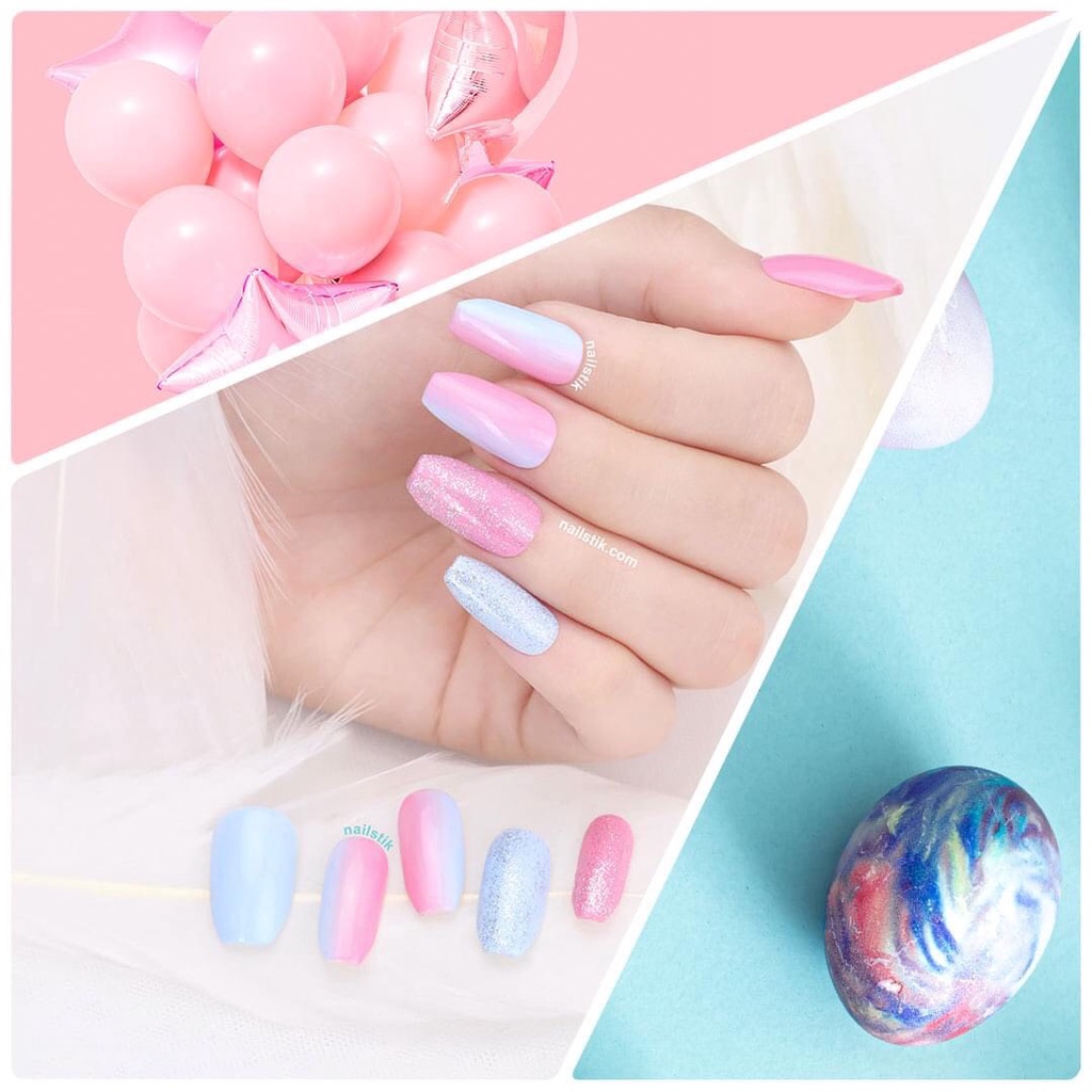 Móng úp thiết kế by NAILSTIK, màu hồng xanh, form móng coffin, dài, 061