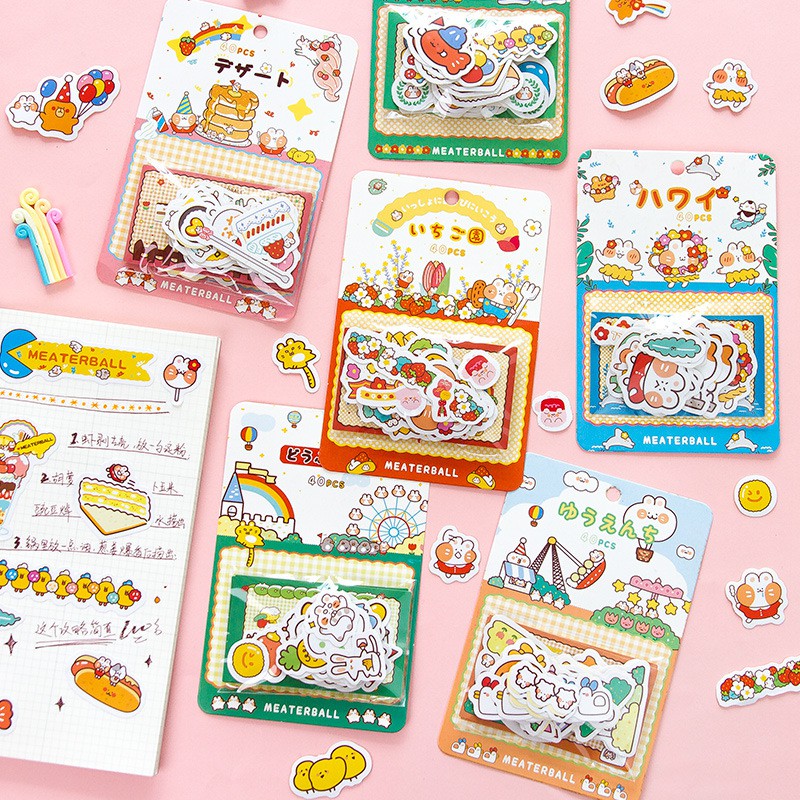Set Sticker Mini Gói 40 Hình Dán Sổ, Book Mark Đa Năng Hình Thỏ Cam Nhiều Theme