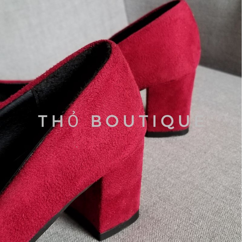 Giày cao gót da lộn đỏ đô gót vuông 5cm size 38