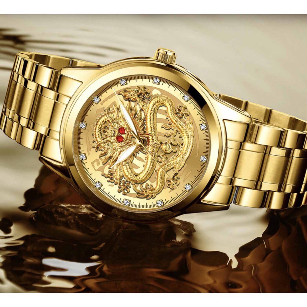 Đồng hồ nam FNGEEN R3 chính hãng mặt tròn hình rồng 3D dây thép không gỉ mạ vàng cực đẹp