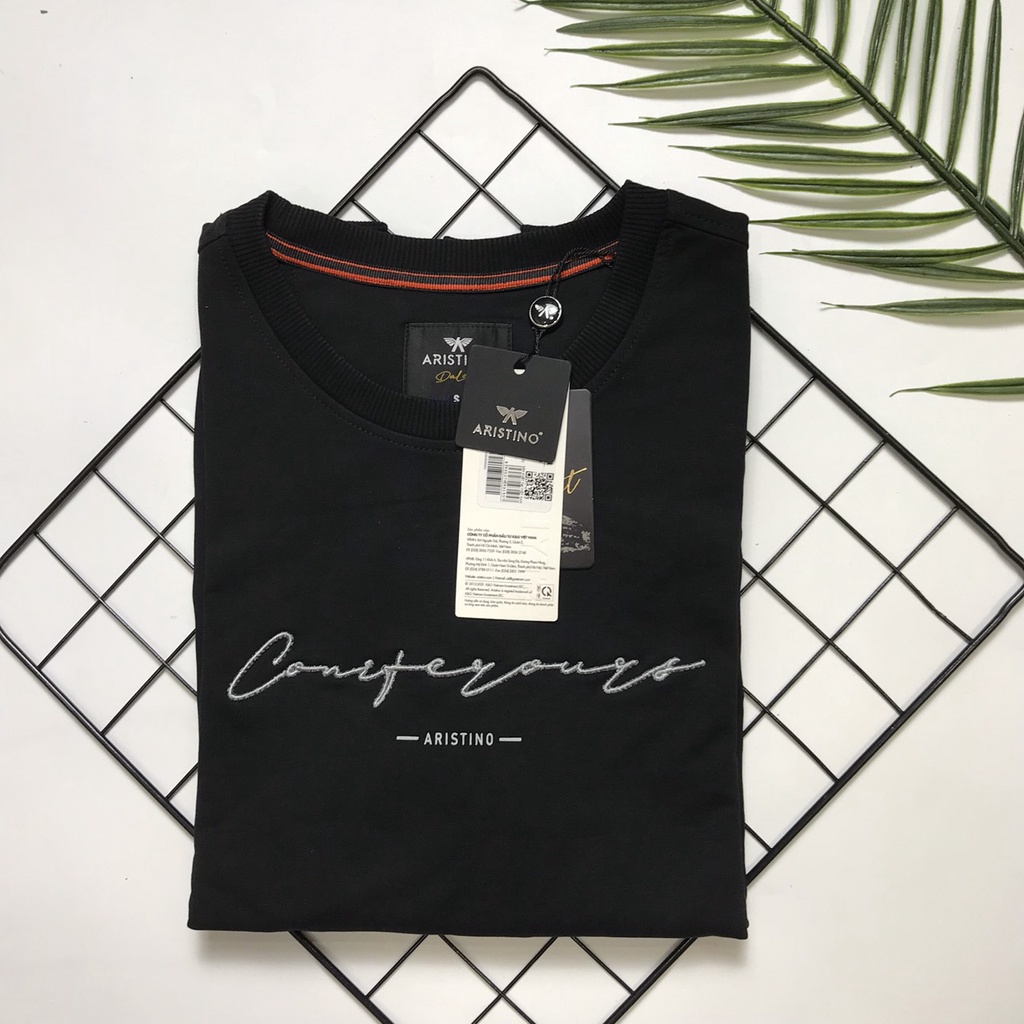 Áo thu đông nam Aristino cao cấp chữ in trước ngực from rộng chất cotton ASW023W1