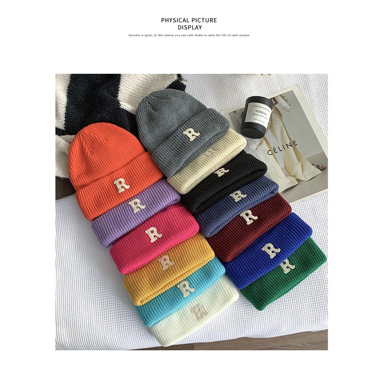 Mũ Len Đan In Chữ R Màu Xanh Dương Thời Trang Thu Đông Cho Nam Và Nữ
