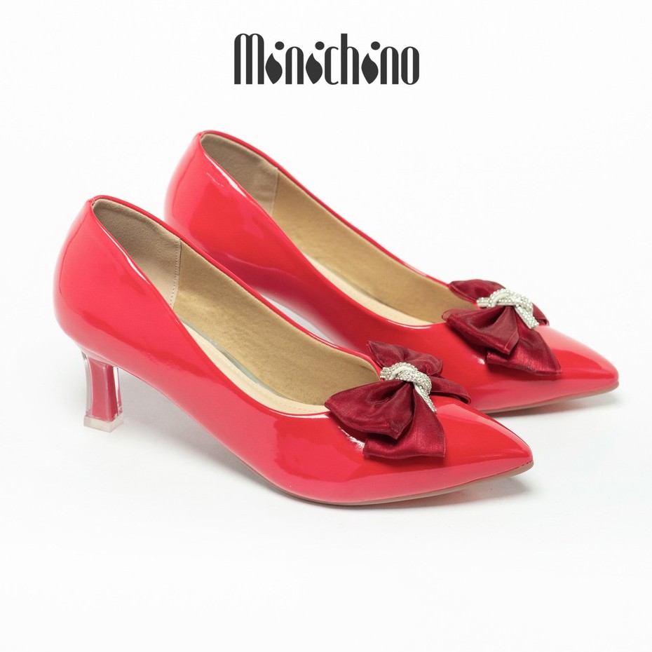 Giày búp bê nữ gót cao 5cm MINICHINO giày cao gót nữ da bóng, mũi nhọn thời trang màu kem TC006
