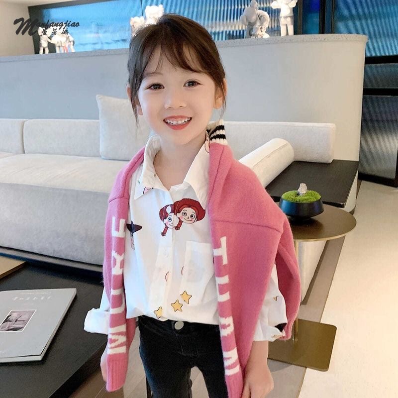 Áo sơ mi trắng dài tay in họa tiết dễ thương cho bé gái cao 90-150cm, nặng 10-35kg