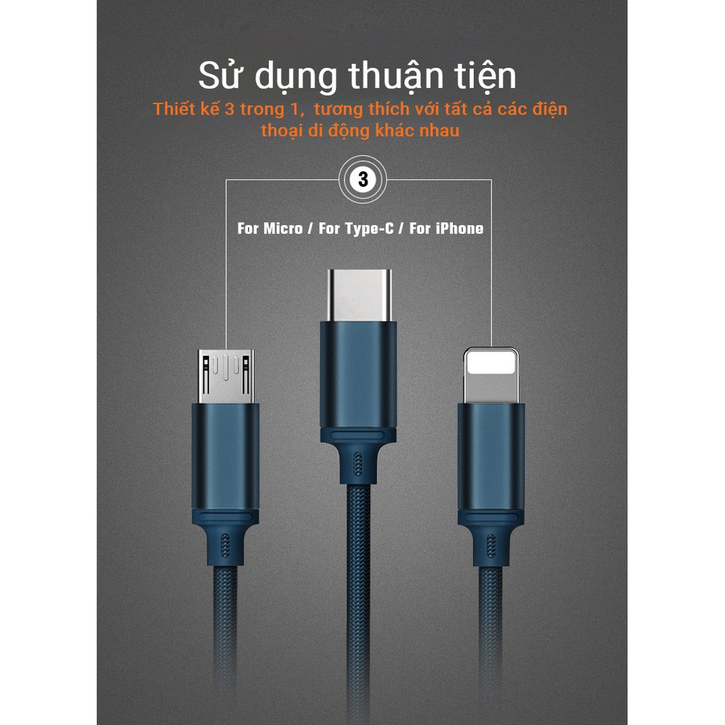 Cáp sạc 3 in 1 Lightning - Micro USB - Type C chiều dài 1.15m - Remax RC-131TH