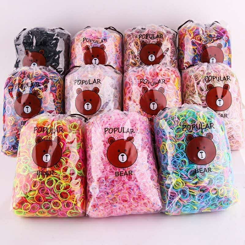 Set 4000 Dây Thun Cột Tóc Cho Bé Kèm Túi Gấu Dây Rút Tiện Lợi