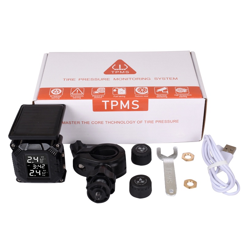 Hệ thống theo dõi áp suất lốp xe máy TPMS với 2 cảm biến ngoài sạc USB sử dụng năng lượng mặt trời mới