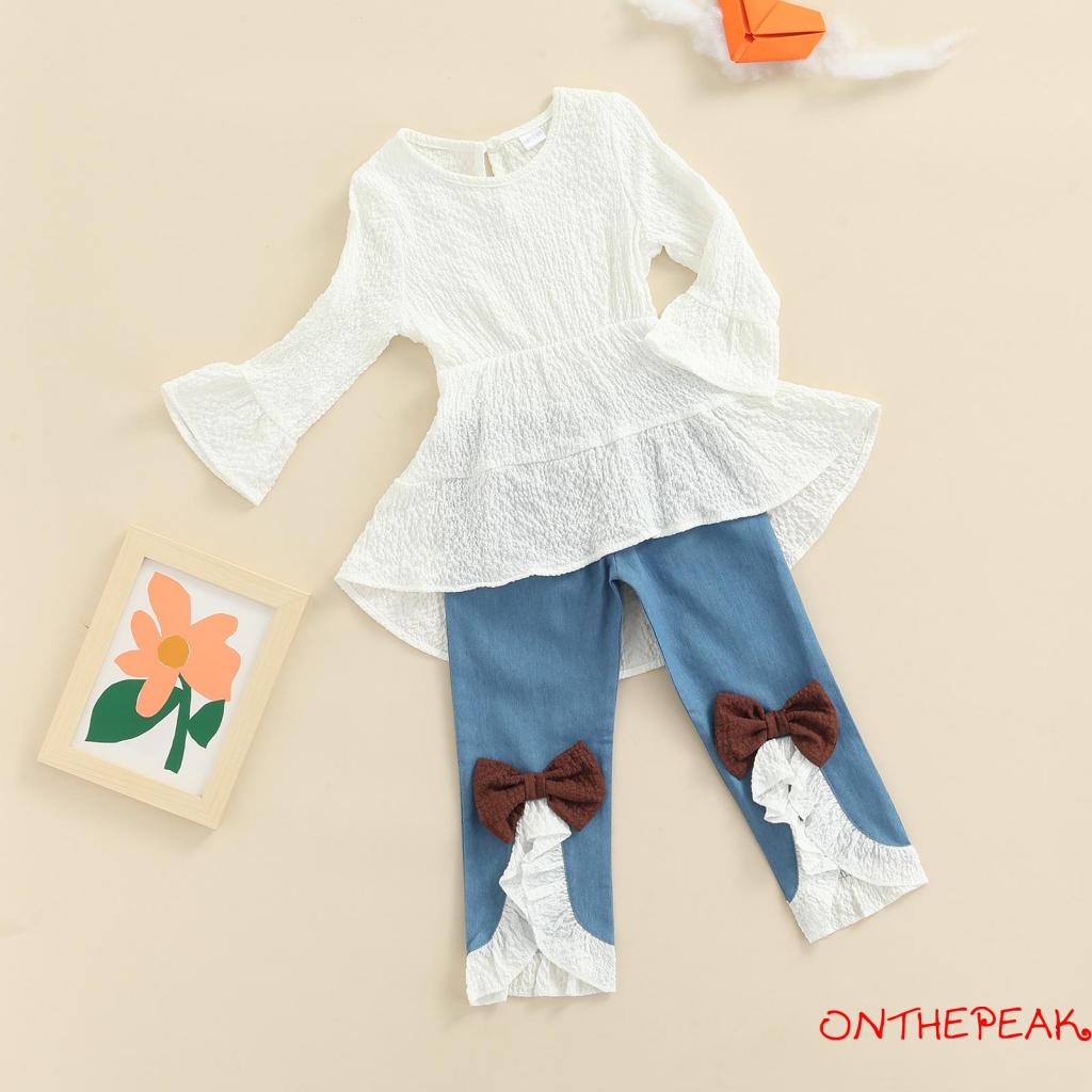 Set áo thun tay dài cổ tròn phối quần lưng thun co giãn đính nơ viền ren thanh lịch cho bé gái