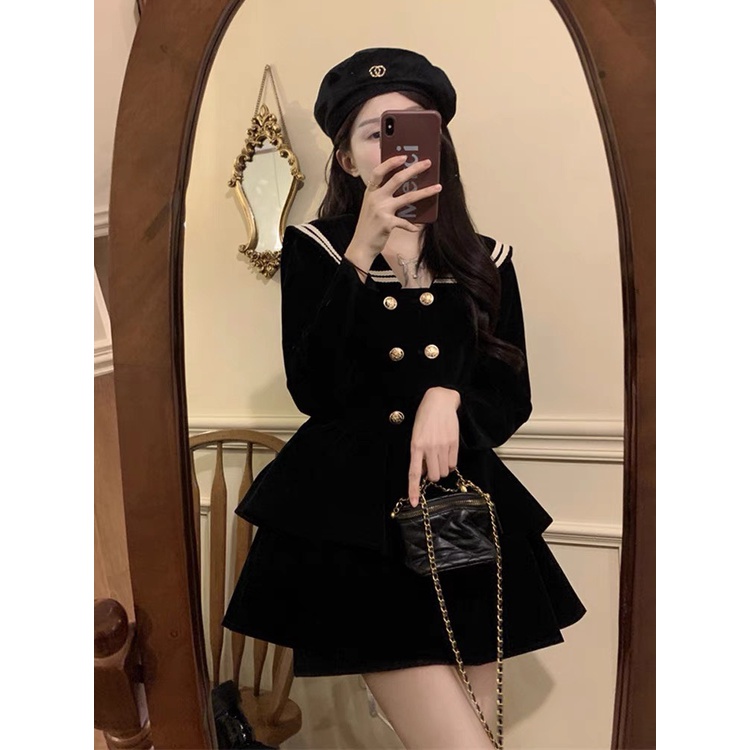 [Hàng Shop]: Váy Nhung 2 Tầng Dáng Xoè Cổ Bẻ Khuy Đồng Tay Dài