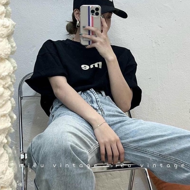 Áo phông nam nữ dáng rộng tay lỡ túi rip xịn sò in chữ ngực đơn giản vanmiushop