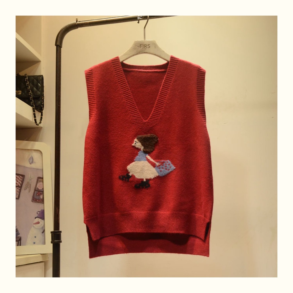 Áo Sweater Sát Nách Dáng Rộng Cổ Chữ V In Hoạt Hình Kiểu Hàn Quốc Thời Trang Mùa Thu Cho Nữ 2022
