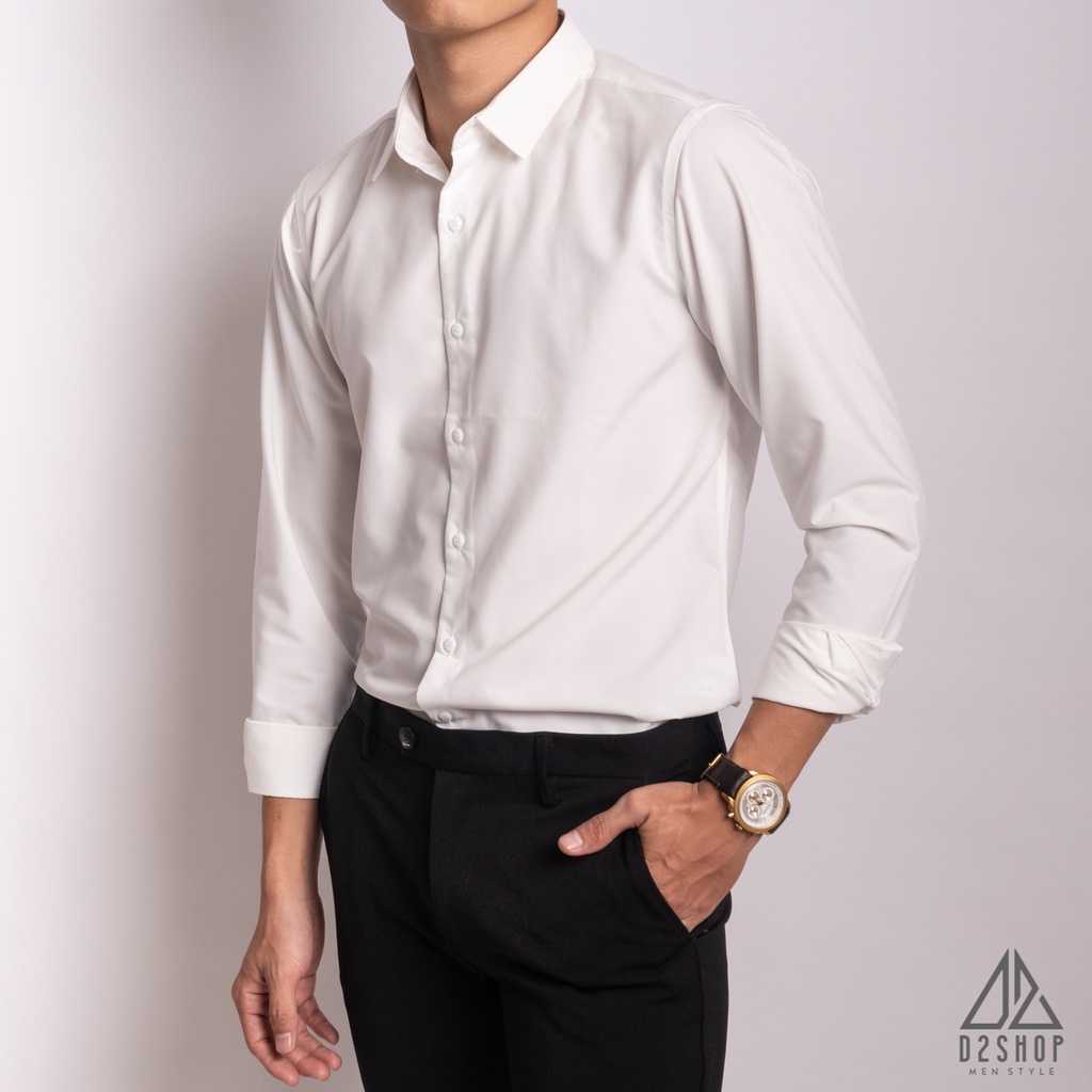 Áo sơ mi nam D2shop, áo sơ mi nam dài tay vải lụa, tay dài, 2 màu trắng đen