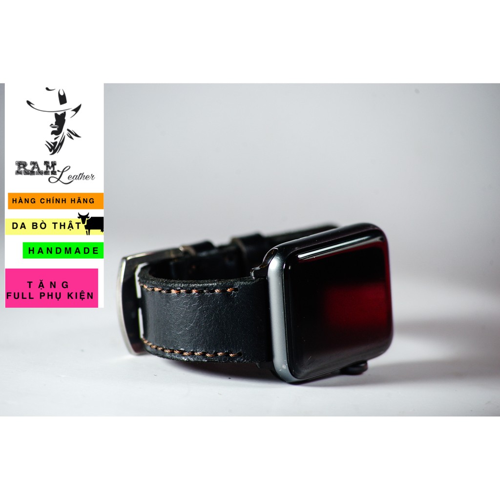 Dây đồng hồ Apple Watch , Iwatch , Iphone Watch Da Bò Đen  - Chính hãng RAM Leather  Bền Đẹp
