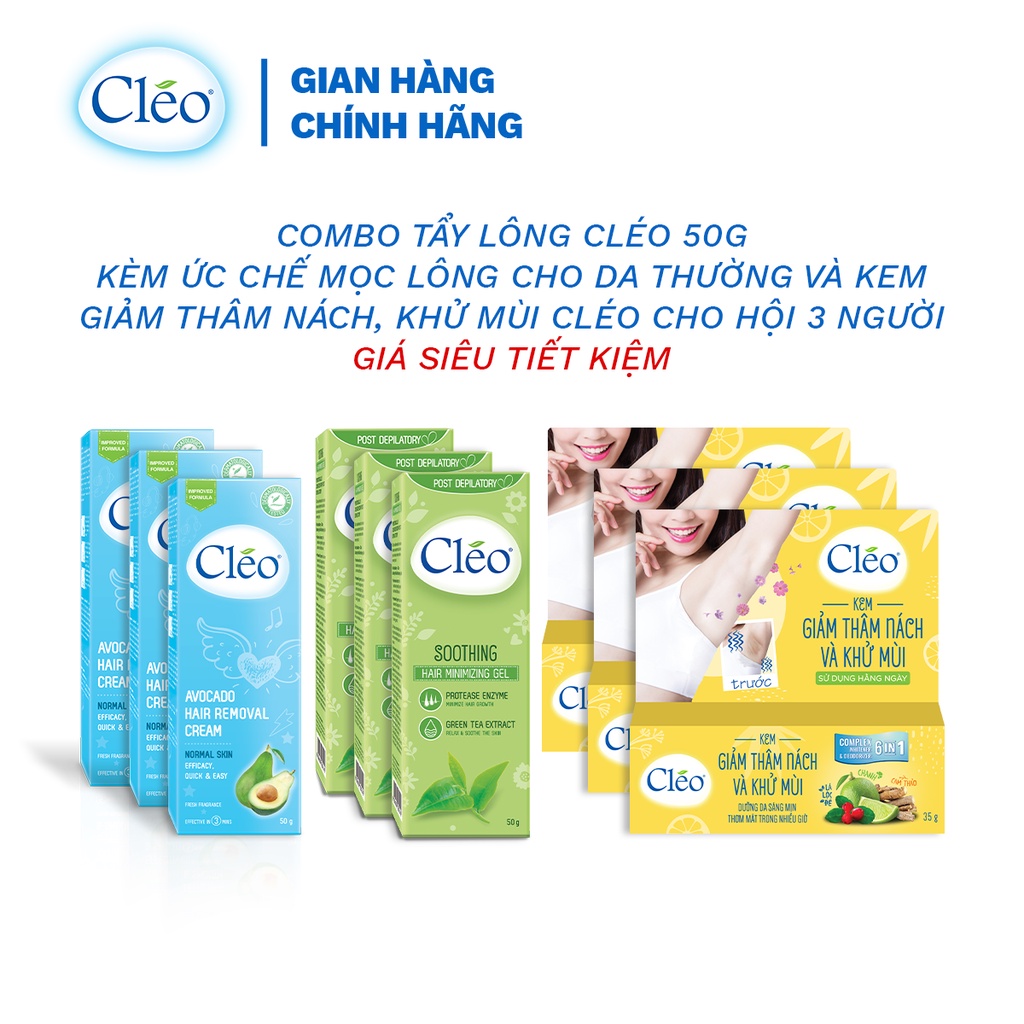 Combo tẩy lông nách Cleo 50g kèm ức chế mọc lông cho da thường và kem giảm thâm nách, khử mùi Cleo cho hội 3 người