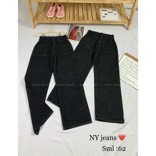 Quần Jeans Nữ Aiori Ống Rộng Lưng Cao 2 Nút Jean Ống Suông Trơn Lai Cuốn Phong Cách Thời Trang Hàn Quốc_Mã 62