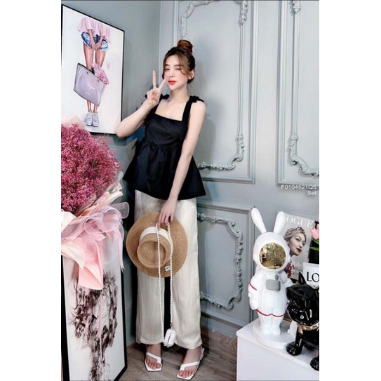 Set áo babydoll 2 dây bản phối quần đũi suông hàng Quảng Châu 0104