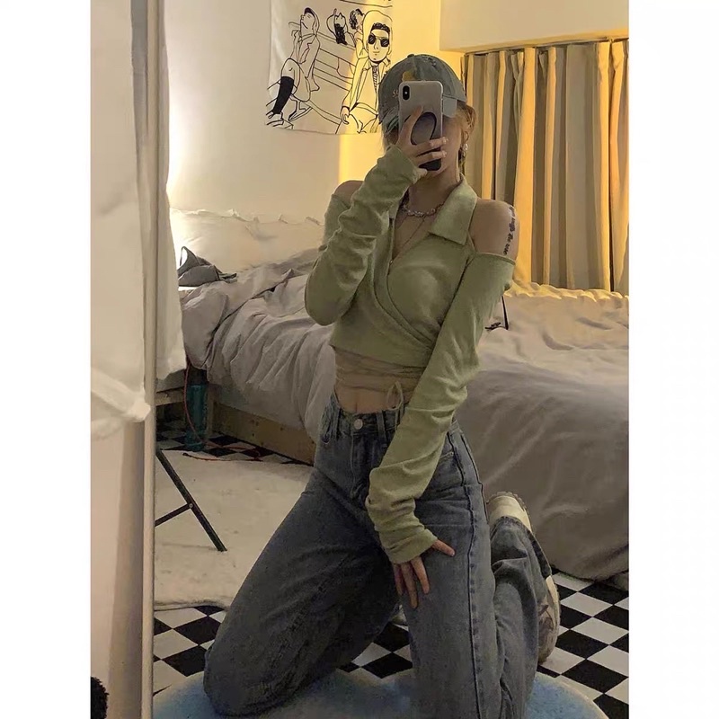Áo croptop hở vai tay dài đan dây sexy
