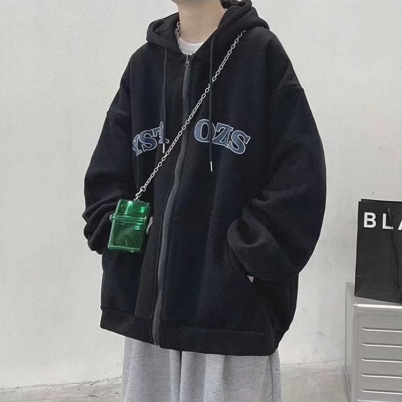 Áo khoác cardigan thể thao dây khóa kéo có mũ trùm phối nhung thời trang xuân thu phong cách cổ điển kiểu Mỹ cho nam
