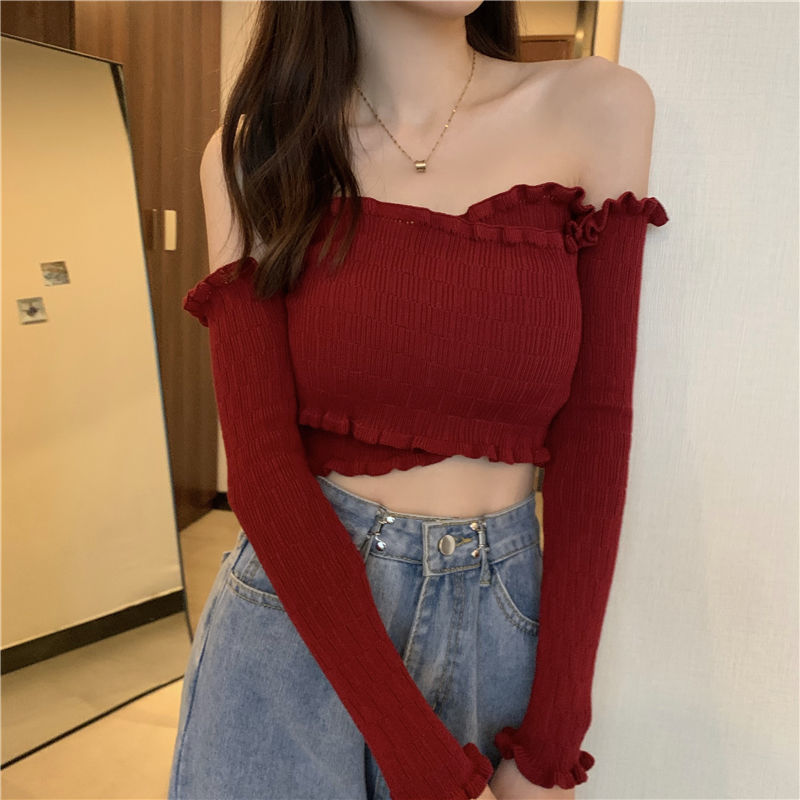 Áo Dệt Kim Tay Dài Hở Vai Gợi Cảm Cho Nữ