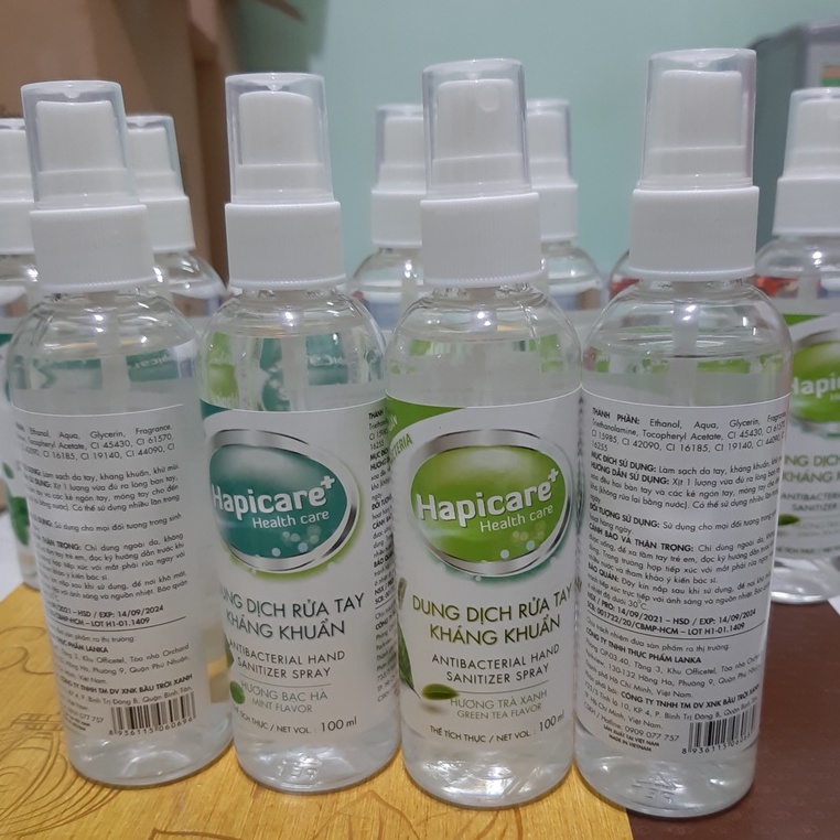 Chai xịt khuẩn mini HapiCare+ (100ml) Hương Trà Xanh Hương Bạc Hà - Chai Mini Dạng Bỏ Túi Thích Hợp Mang Đi Học, Đi làm