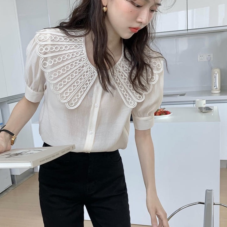 Áo Sơ Mi Tay Ngắn Cài Nút Cổ Phối Ren Phong Cách Retro 50016