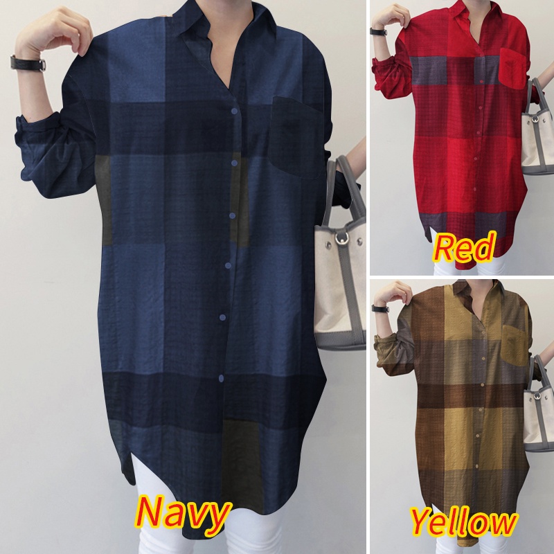 Áo sơ mi Zanzea tay dài dáng rộng cổ bẻ kẻ sọc caro trẻ trung hợp thời trang dành cho nữ