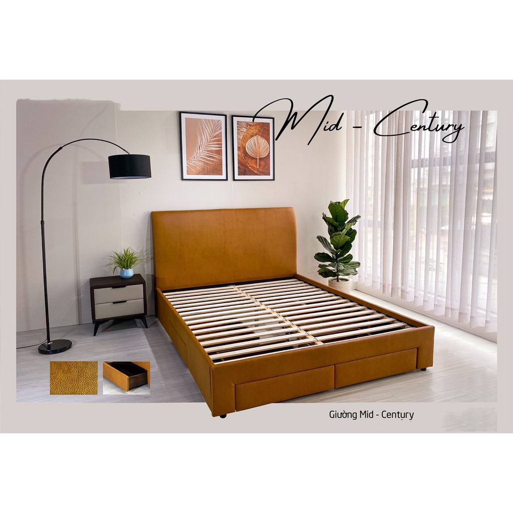 Giường bọc nệm Mid Century - Adora 1m6-1m8- 2 hộc kéo