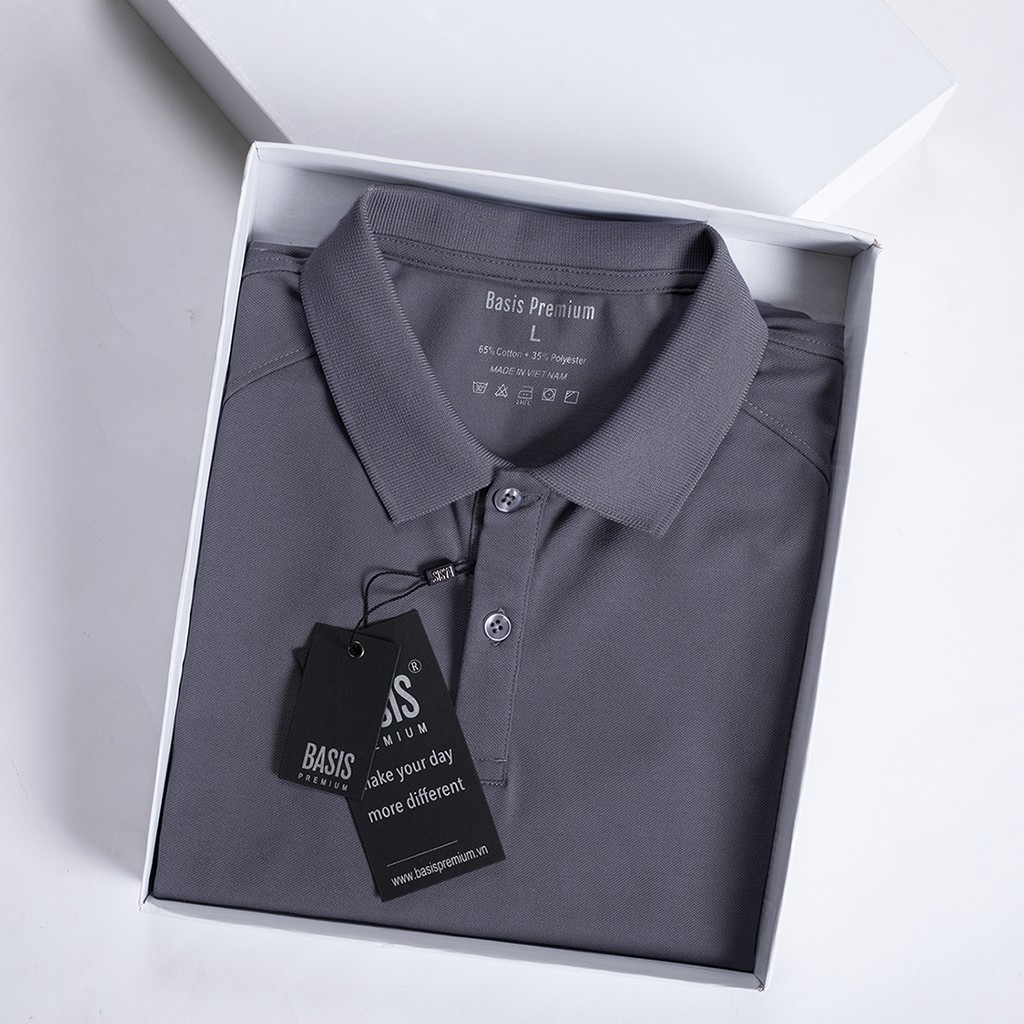 Áo polo nam Basis màu xám xanh trơn phối gân dọc đơn giản APL37