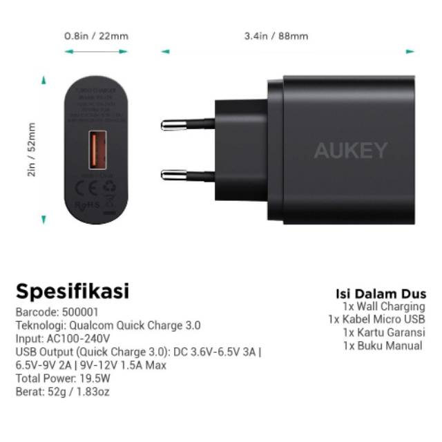 Củ Sạc Nhanh Aukey Pa-t9 1 Cổng 19.5w Qc 3.0