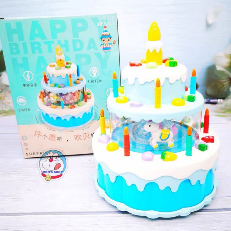 Đồ chơi bánh sinh nhật dùng pin, có âm thanh và ánh sáng, chuyển động xoay tròn vui nhộn