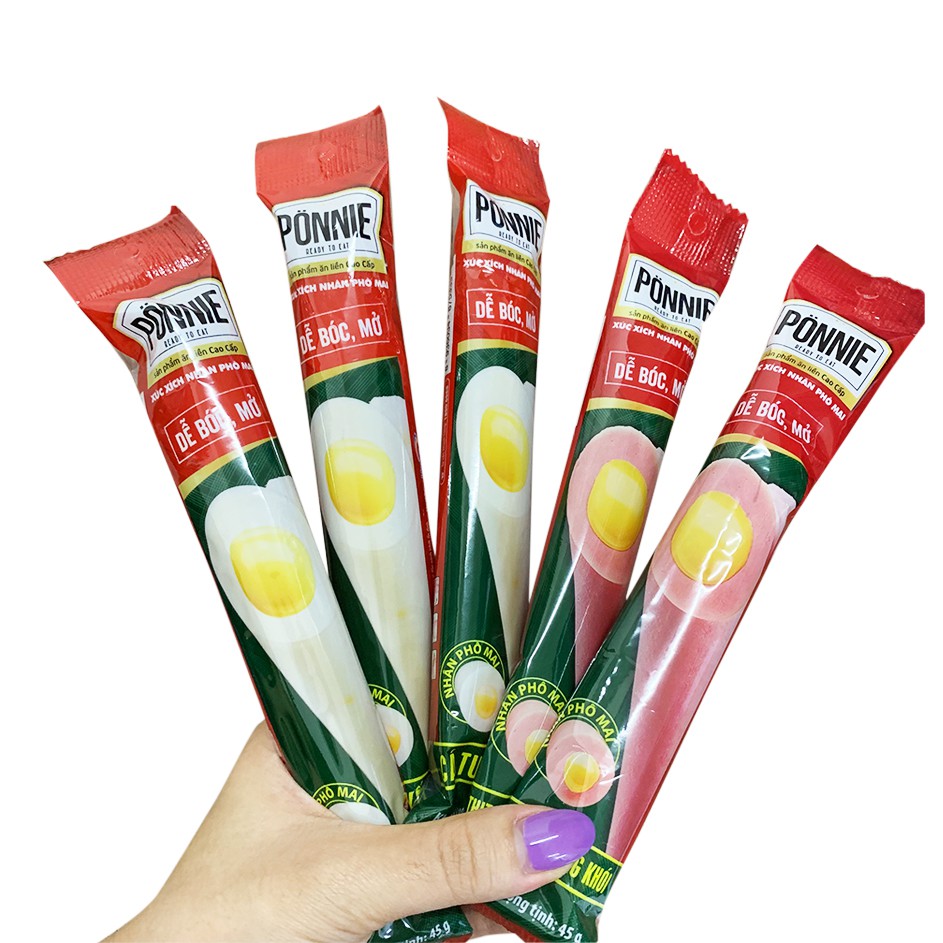 Xúc xích tiệt trùng Ponnie 45g/cây (thịt heo, xông khói phô mai, cá tuyết phô mai)