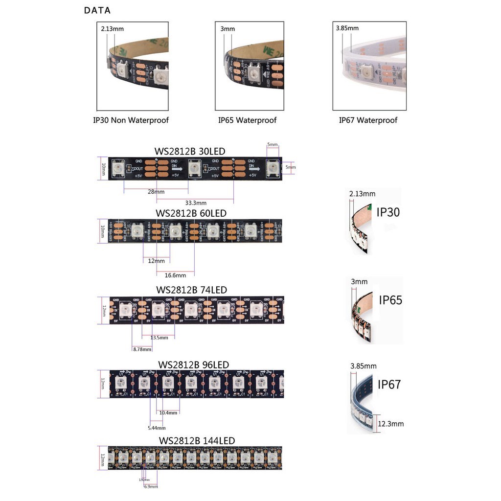 Dây led WS2812B 144led,96,74 led/m ARGB ws2812 DC5V dài 1M