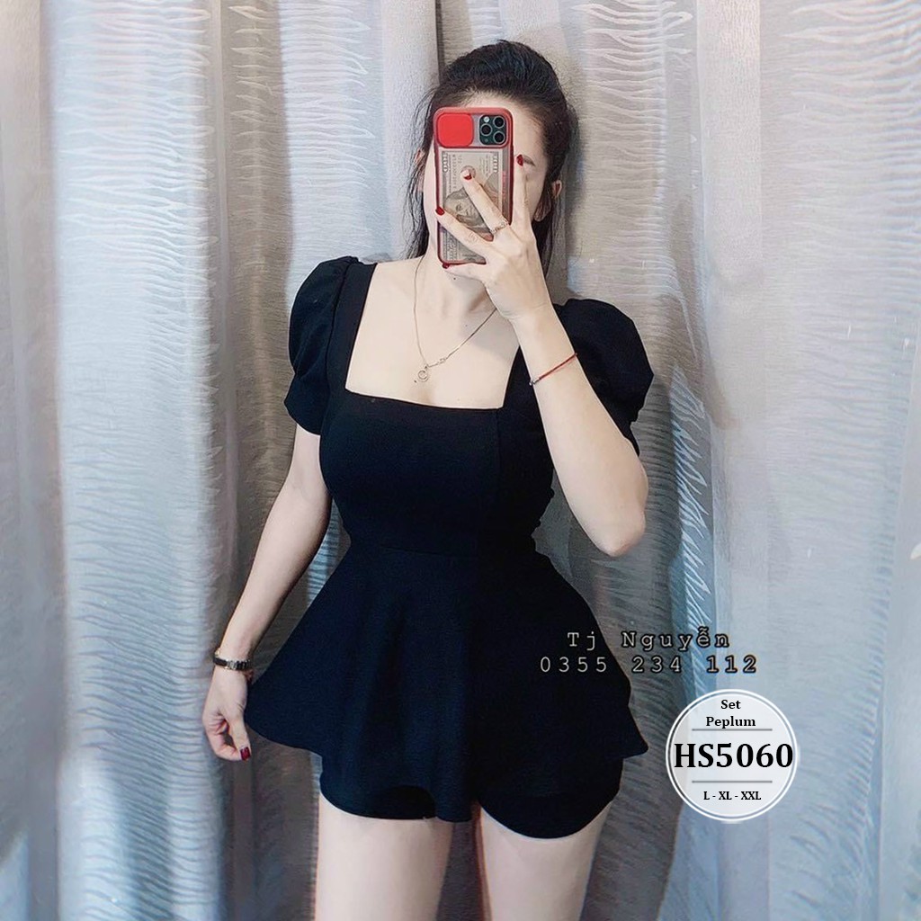 Set bộ bigsize nữ dáng áo peplum cổ vuông tay phồng HS5060- Set quần đùi áo peplum nữ bigsize -Size 55-90kg -Xanh Đen Đỏ