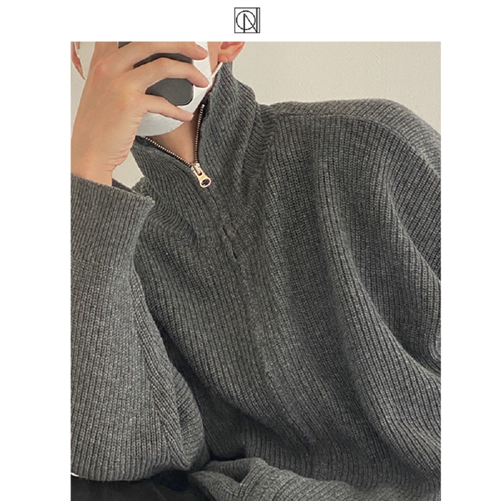 Áo Khoác Cardigan Dệt Kim Dày Màu Sắc Trơn Có Khóa Kéo Phong Cách Hong Kong Thời Trang Mùa Đông Cho Nam