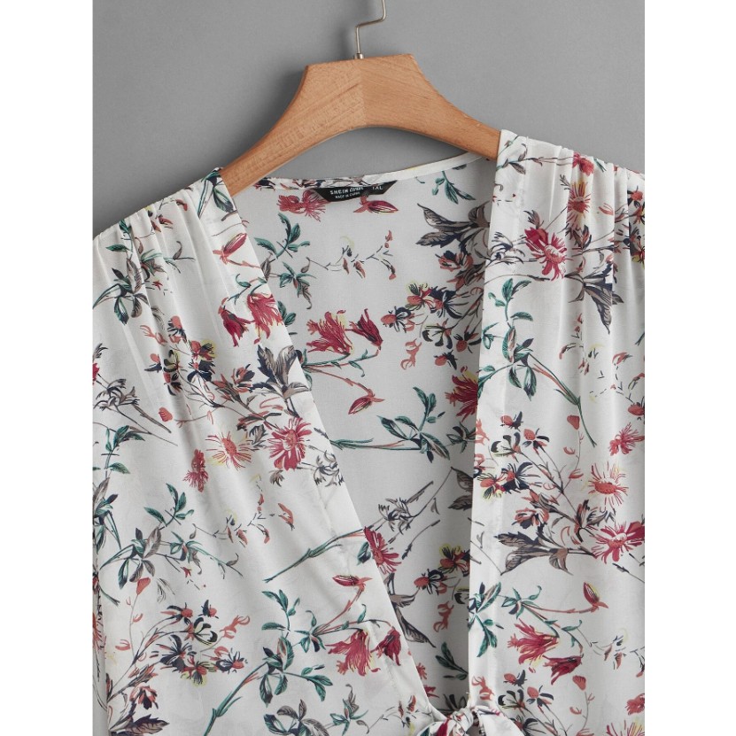 ÁO KIMONO ĐI BIỂN MÀU TRẮNG HOA TAY NGẮN THẮT NƠ PHÍA TRƯỚC 70-110KG-A128