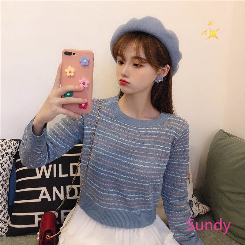 Áo sweater dài tay kẻ sọc thời trang mùa thu Hàn Quốc xinh xắn cho bé gái