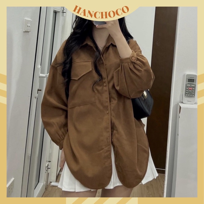 Áo sơ mi nữ nhung tăm dáng rộng xẻ tà đuôi tôm tay phồng HANCHOCO STORE