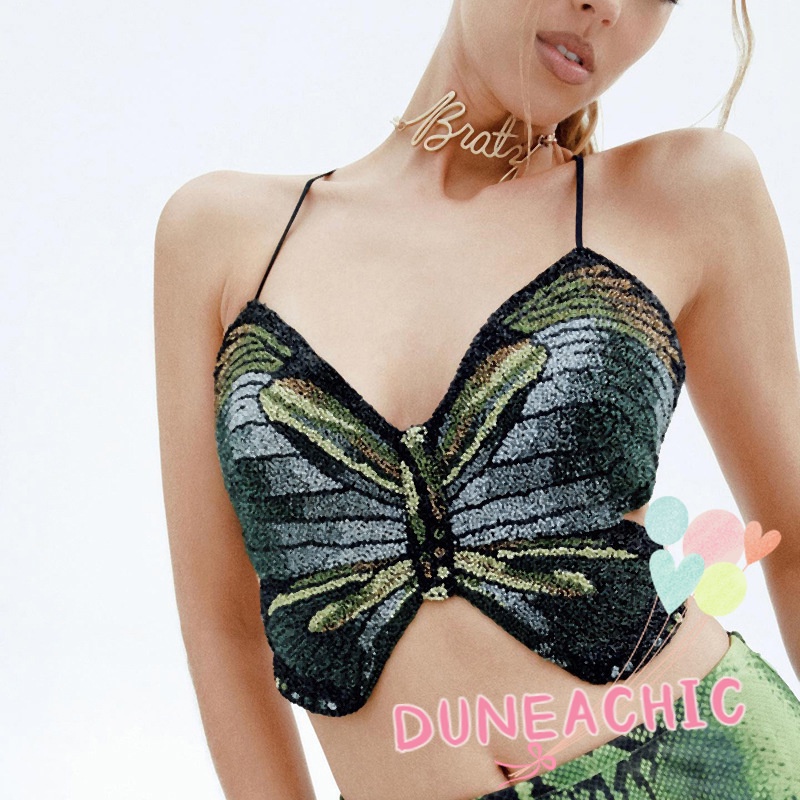 DUNEA Áo Hai Dây Cổ Yếm In Họa Tiết Bướm Quyến Rũ Cho Nữ