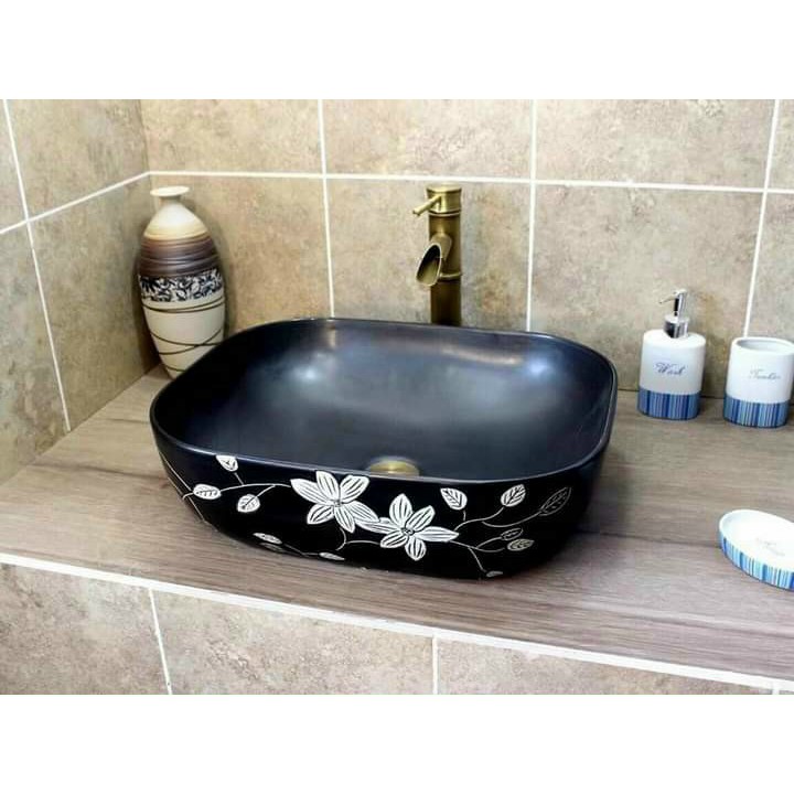 CHẬU RỬA MẶT LAVABO GỐM SỨ ĐẶT BÀN HÌNH CHỮ NHẬT HỌA TIẾT HOA VĂN 8 (ẢNH TỰ CHỤP)
