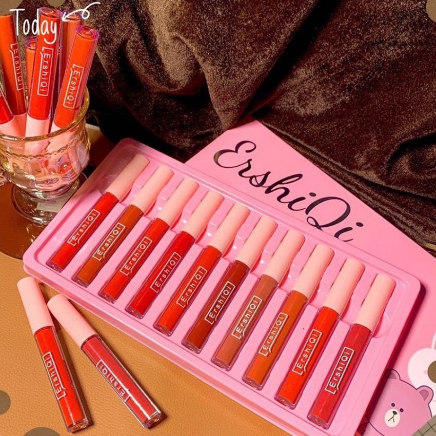 Set son 10 cây ErshiQi velvet nội địa trung giá rẻ dưỡng môi dành cho học sinh bền màu, siêu dễ thươ