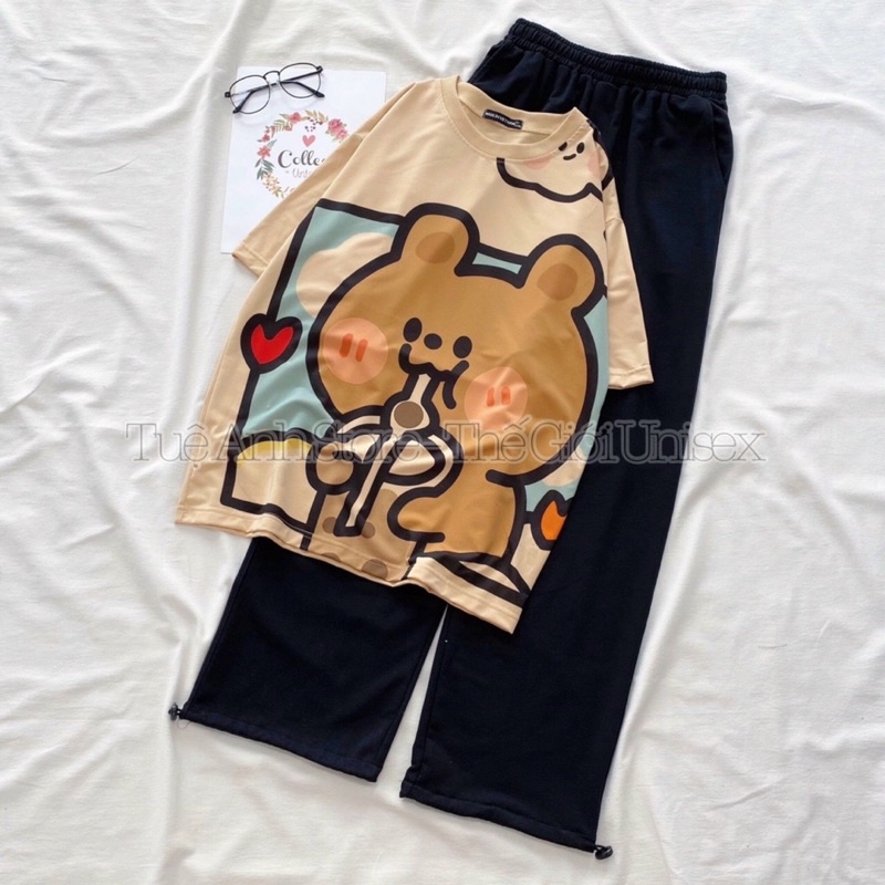 [NHIỀU MẪU] Set đồ bộ cartoon quần dài JOGGER TRƠN DÂY RÚT - Bộ hoạt hình áo thun 3D phối quần da cá Freesize 40-65kg