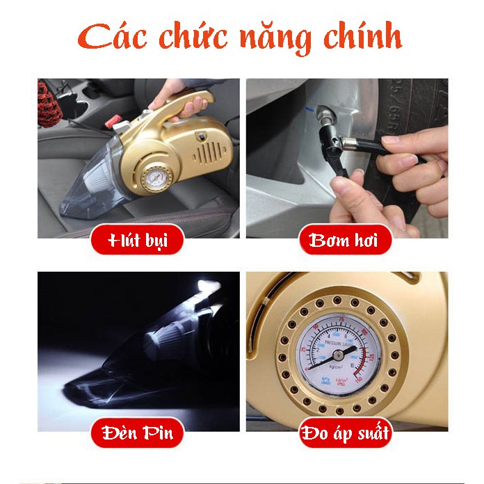 Máy Hút Bụi Ô Tô, Xe Hơi Cầm Tay 4 Trong 1 Kiêm Bơm Hơi, Đèn Pin, Đo Áp Xuất Công Suất Lớn 120W HB88