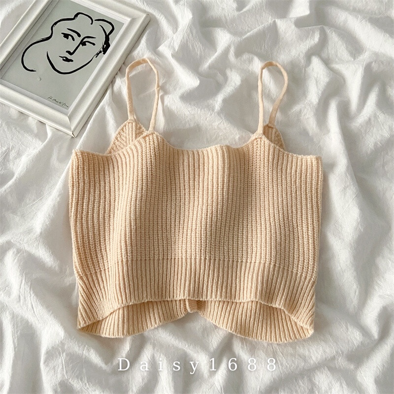 Sẵn- Áo 2 Dây Len Dáng Crop Top Co Dãn Cho Nữ Daisy1688